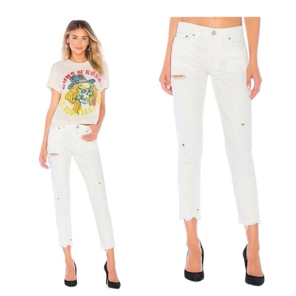 Moussy Vintage Jeans Womens Size 28 White Tapered Distressed Denim Pants - Picture 1 of 13